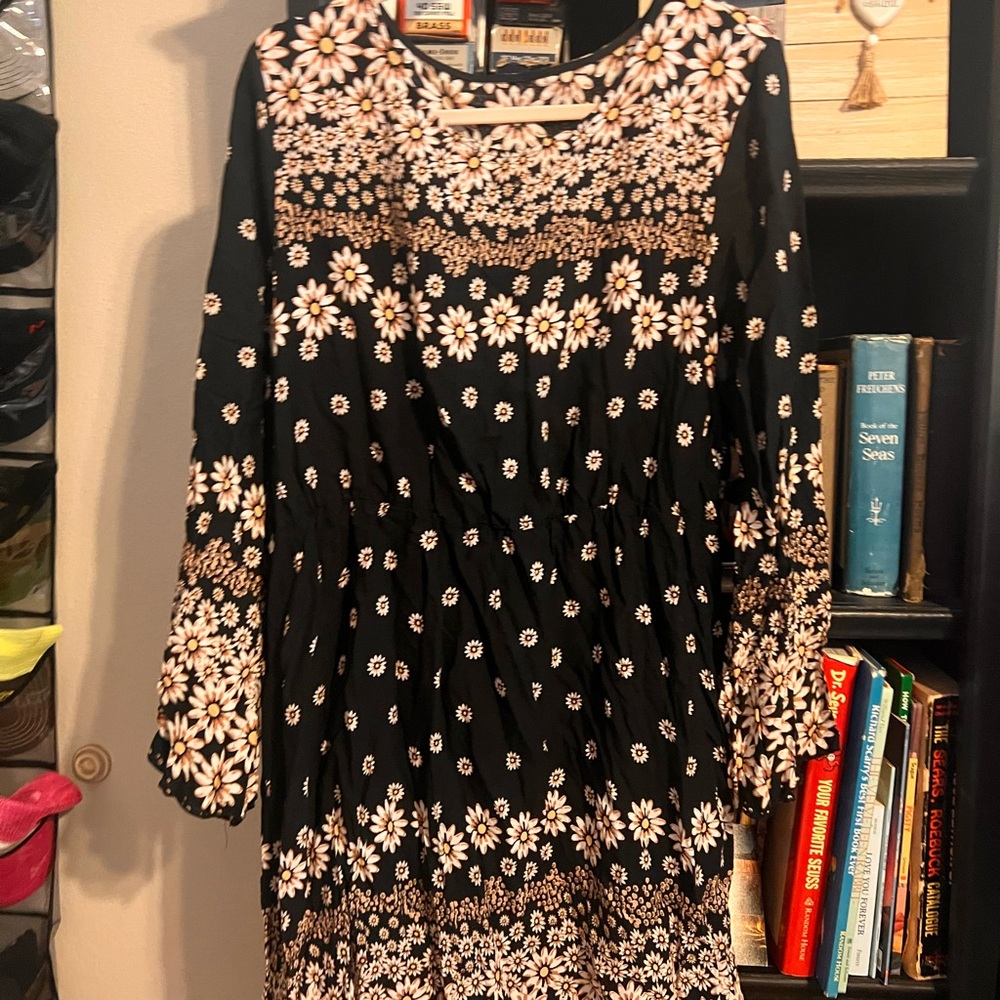 Black and White Long Sleeve Sundress with Bishop Sleeves